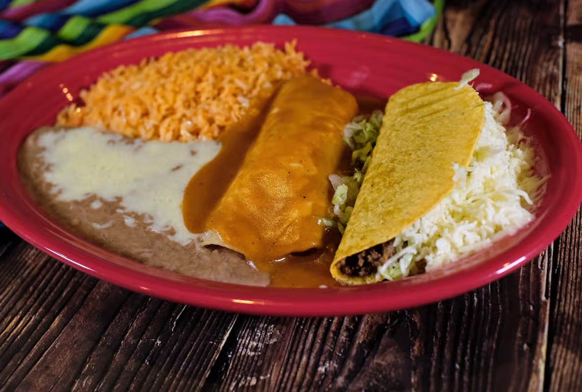 One Bean Burrito, One Cheese Enchilada and Rice.